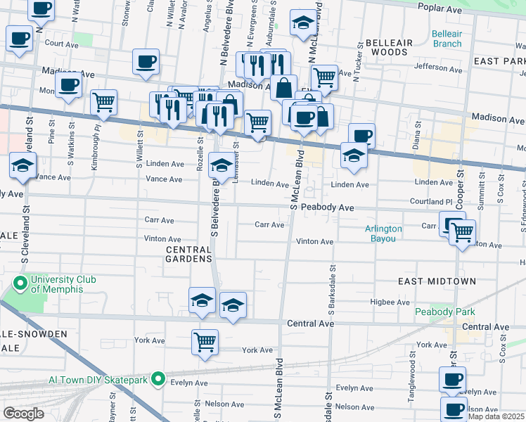 map of restaurants, bars, coffee shops, grocery stores, and more near 1781 Peabody Avenue in Memphis