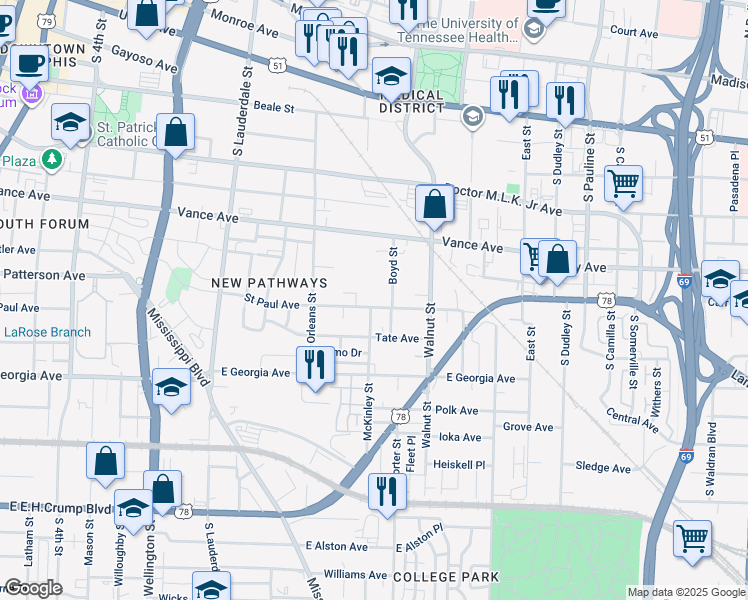 map of restaurants, bars, coffee shops, grocery stores, and more near 722 Saint Paul Avenue in Memphis