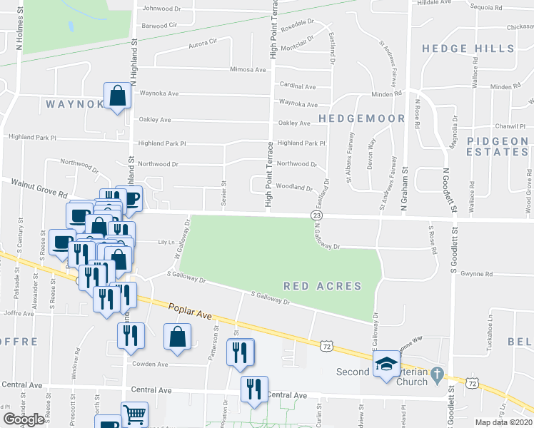 map of restaurants, bars, coffee shops, grocery stores, and more near Walnut Grove Rd & High Point Terrace in Memphis