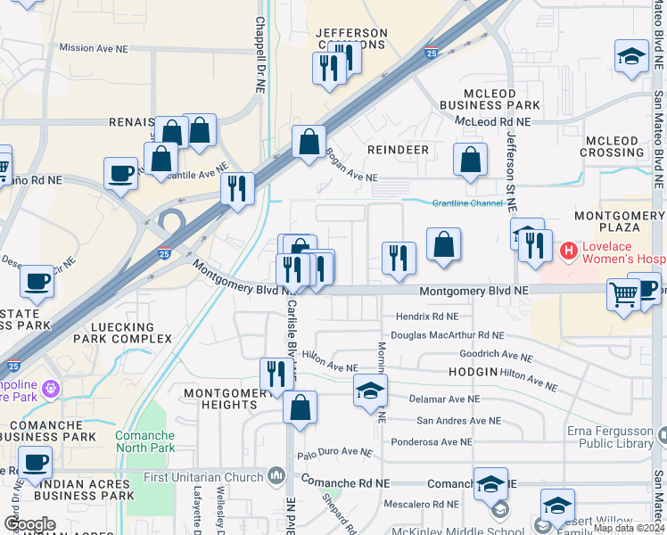 map of restaurants, bars, coffee shops, grocery stores, and more near 3831 Montgomery Boulevard Northeast in Albuquerque