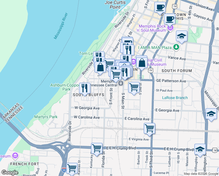map of restaurants, bars, coffee shops, grocery stores, and more near 7 West GE Patterson Avenue in Memphis