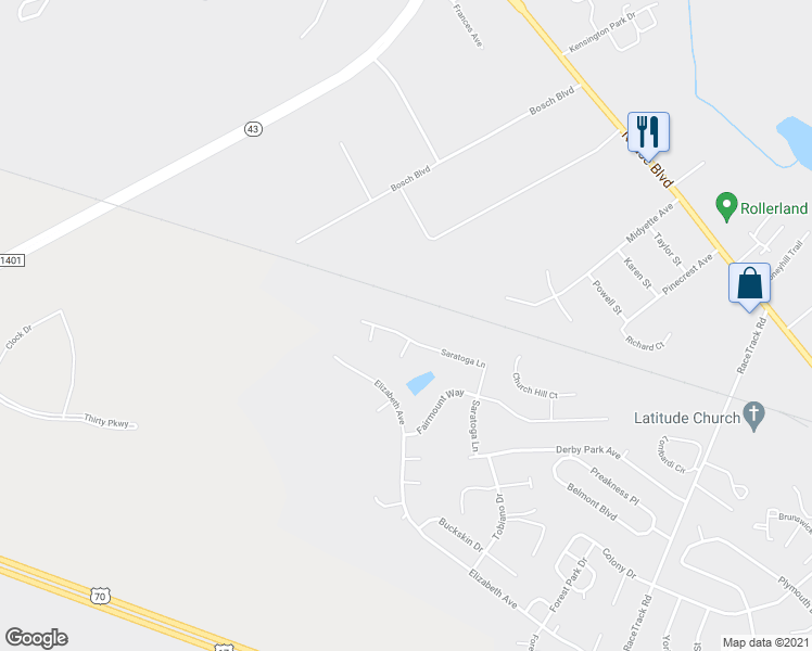 map of restaurants, bars, coffee shops, grocery stores, and more near 302 Saratoga Lane in New Bern