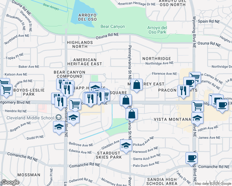 map of restaurants, bars, coffee shops, grocery stores, and more near 7501 Montgomery Boulevard Northeast in Albuquerque