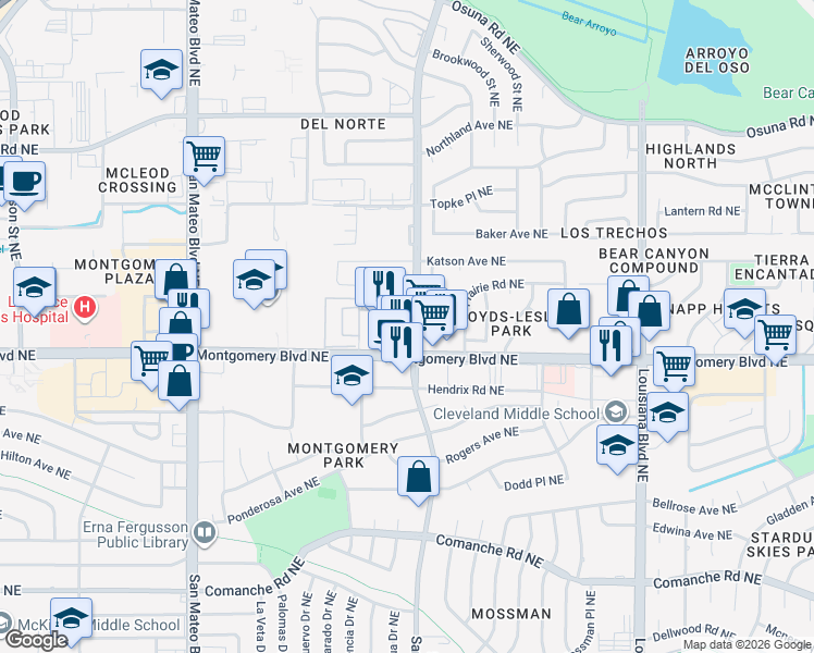 map of restaurants, bars, coffee shops, grocery stores, and more near 6125 Montgomery Boulevard Northeast in Albuquerque