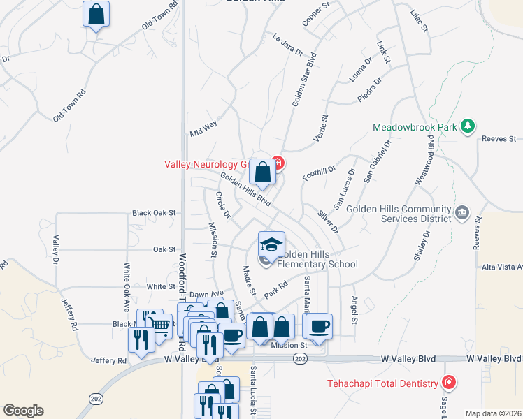 map of restaurants, bars, coffee shops, grocery stores, and more near 21525 Golden Hills Boulevard in Tehachapi