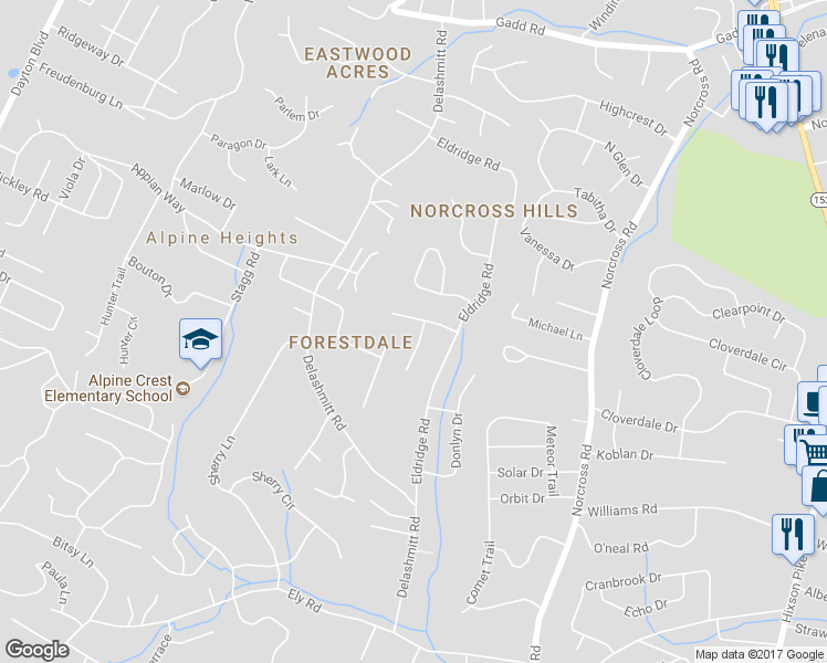 map of restaurants, bars, coffee shops, grocery stores, and more near 4795 Forest Wood Lane in Chattanooga