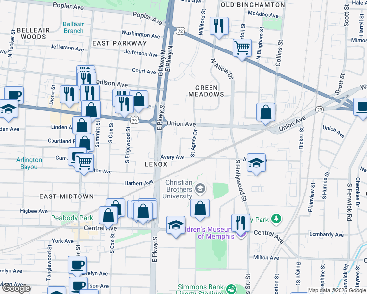 map of restaurants, bars, coffee shops, grocery stores, and more near 167 Roberta Drive in Memphis