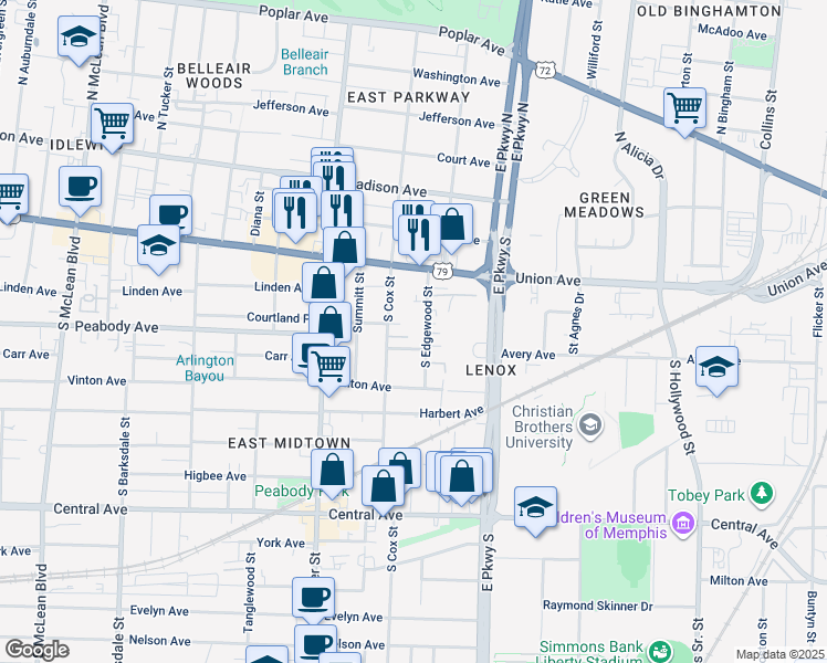 map of restaurants, bars, coffee shops, grocery stores, and more near 2260 Tunis Cove in Memphis