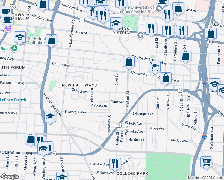 map of restaurants, bars, coffee shops, grocery stores, and more near 722 Saint Paul Avenue in Memphis