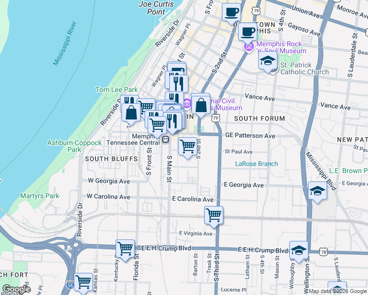 map of restaurants, bars, coffee shops, grocery stores, and more near 580 South Main Street in Memphis