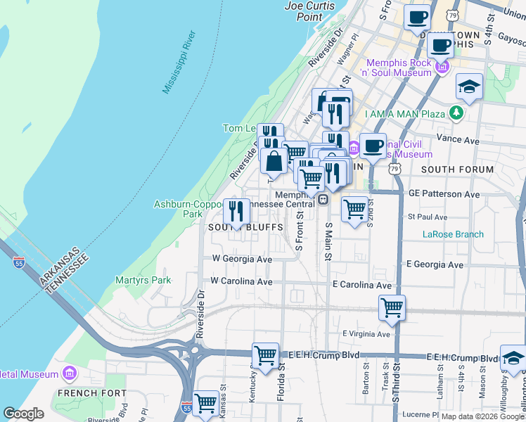 map of restaurants, bars, coffee shops, grocery stores, and more near 32 Nottoway Boulevard in Memphis