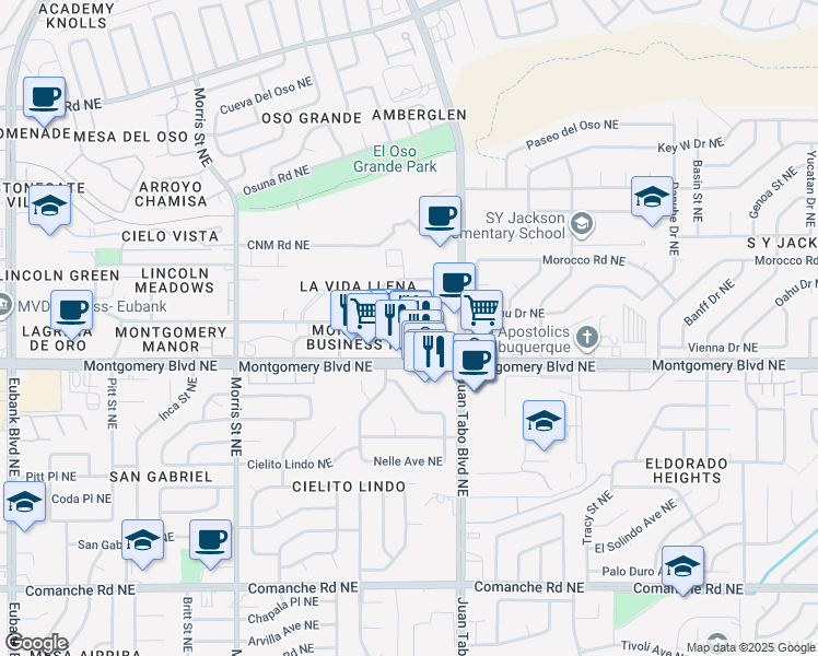 map of restaurants, bars, coffee shops, grocery stores, and more near 4565 Juan Tabo Boulevard Northeast in Albuquerque