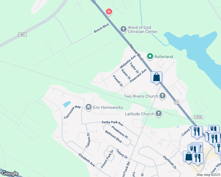 map of restaurants, bars, coffee shops, grocery stores, and more near 3612 Delesa Court in New Bern