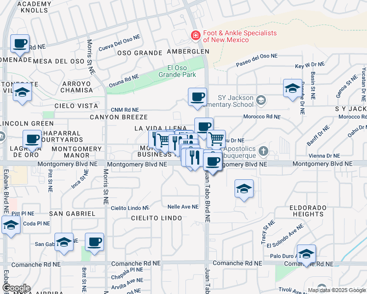 map of restaurants, bars, coffee shops, grocery stores, and more near 4565 Juan Tabo Boulevard Northeast in Albuquerque