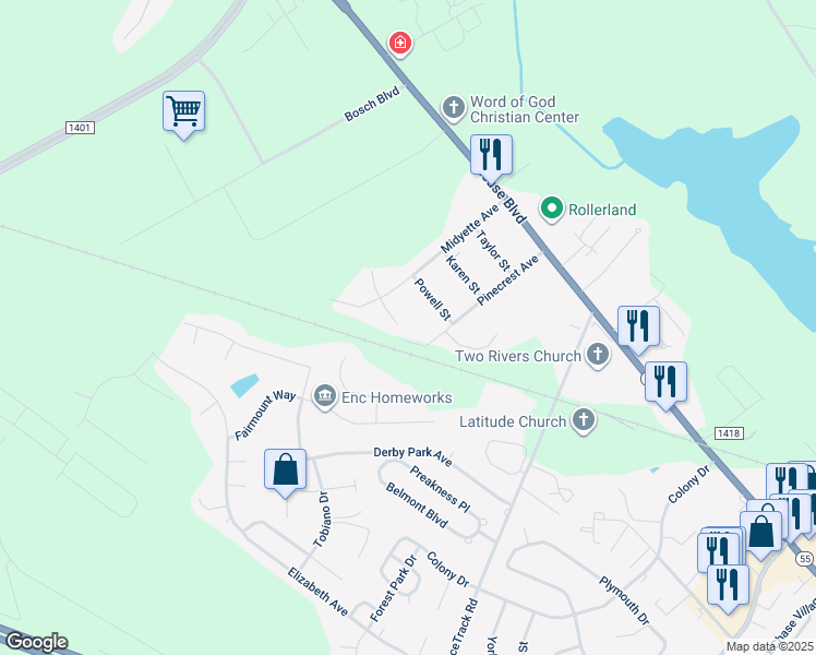 map of restaurants, bars, coffee shops, grocery stores, and more near 3612 Delesa Court in New Bern