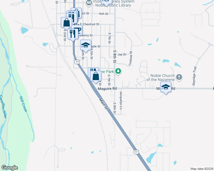 map of restaurants, bars, coffee shops, grocery stores, and more near 616 South 8th Street in Noble