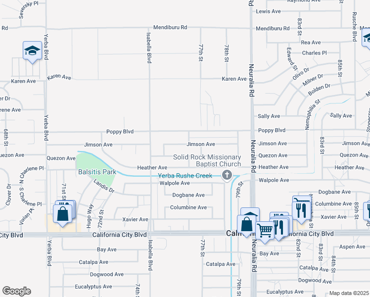 map of restaurants, bars, coffee shops, grocery stores, and more near 7648 Jimson Avenue in California City