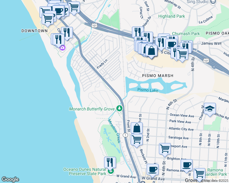 40 South Dolliver Street Pismo Beach Ca Walk Score Map Of Restaurants Bars Coffee S Grocery Ore Near 40