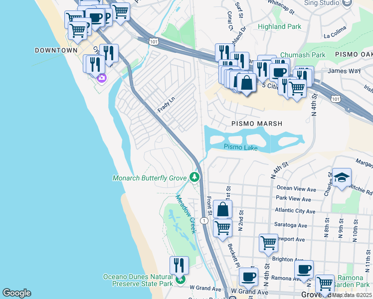 map of restaurants, bars, coffee shops, grocery stores, and more near 40 South Dolliver Street in Pismo Beach