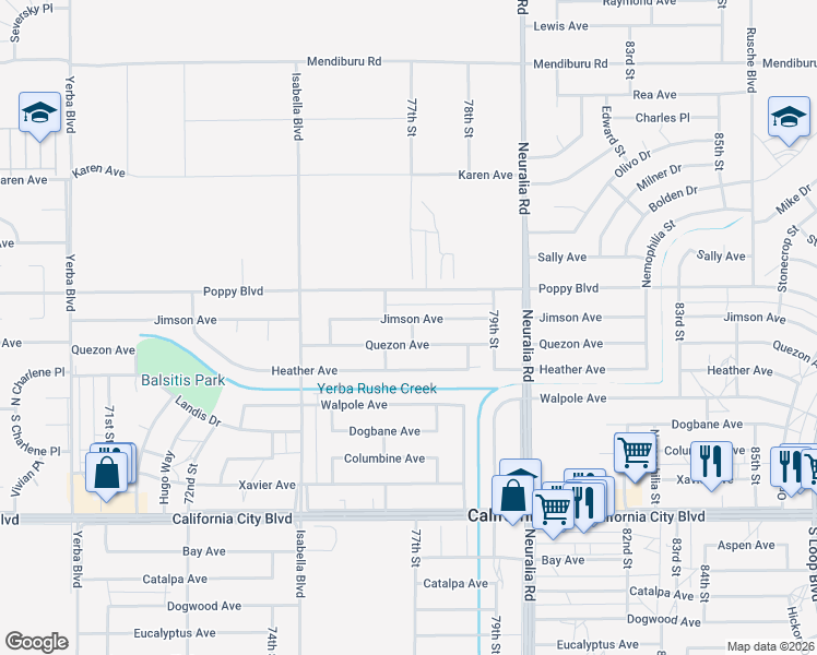map of restaurants, bars, coffee shops, grocery stores, and more near 7743 Quezon Avenue in California City