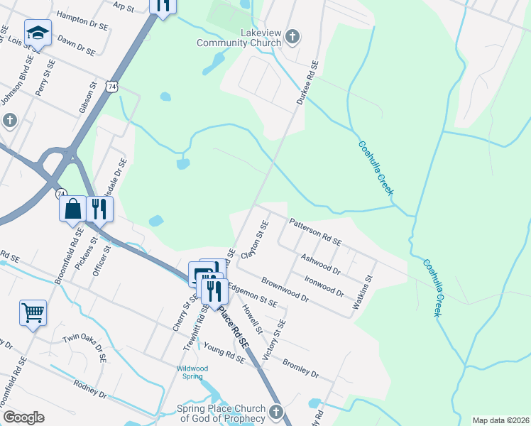 map of restaurants, bars, coffee shops, grocery stores, and more near 1420 Clayton Street Southeast in Cleveland