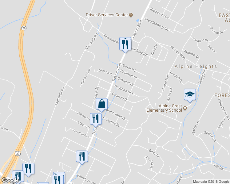 map of restaurants, bars, coffee shops, grocery stores, and more near 5 Orlando Drive in Chattanooga