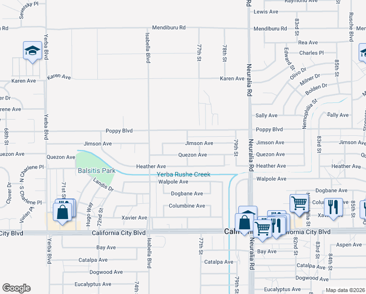 map of restaurants, bars, coffee shops, grocery stores, and more near 7648 Jimson Avenue in California City