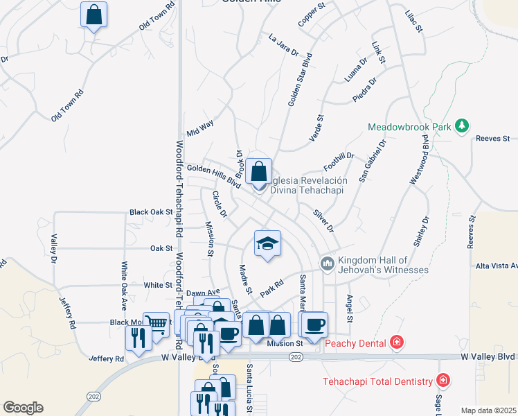 map of restaurants, bars, coffee shops, grocery stores, and more near 21533 Golden Hills Boulevard in Tehachapi