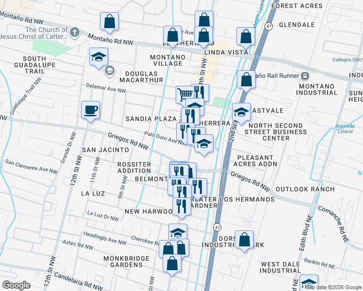 map of restaurants, bars, coffee shops, grocery stores, and more near 4701 4th Street Northwest in Albuquerque