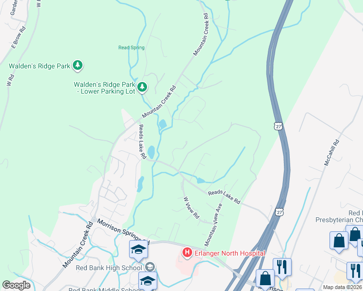 map of restaurants, bars, coffee shops, grocery stores, and more near 800 Reads Lake Road in Chattanooga