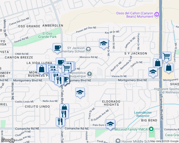 map of restaurants, bars, coffee shops, grocery stores, and more near 11435 Montgomery Boulevard Northeast in Albuquerque
