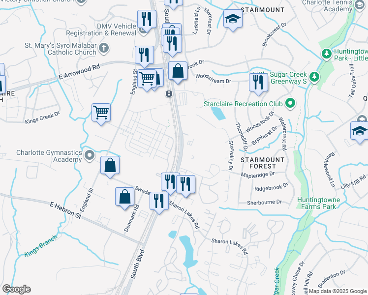 map of restaurants, bars, coffee shops, grocery stores, and more near 7603 South Boulevard in Charlotte