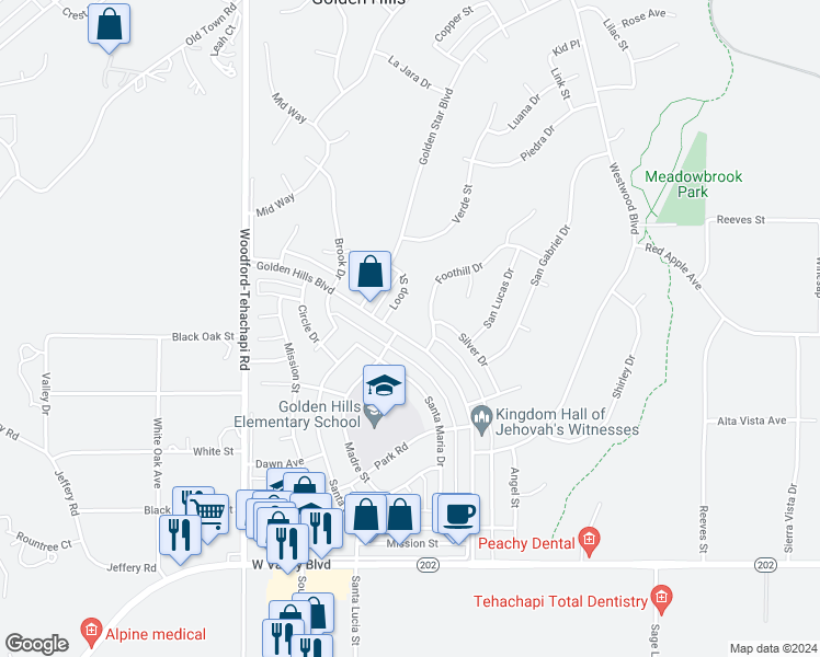 map of restaurants, bars, coffee shops, grocery stores, and more near 21508 Golden Hills Boulevard in Tehachapi