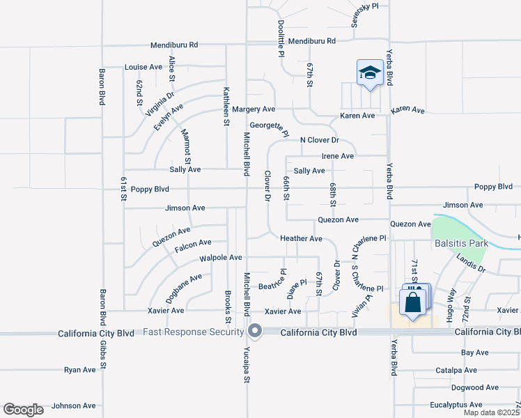 map of restaurants, bars, coffee shops, grocery stores, and more near Mitchell Boulevard in California City