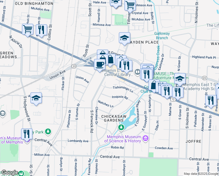 map of restaurants, bars, coffee shops, grocery stores, and more near 2918 Tishomingo Lane in Memphis