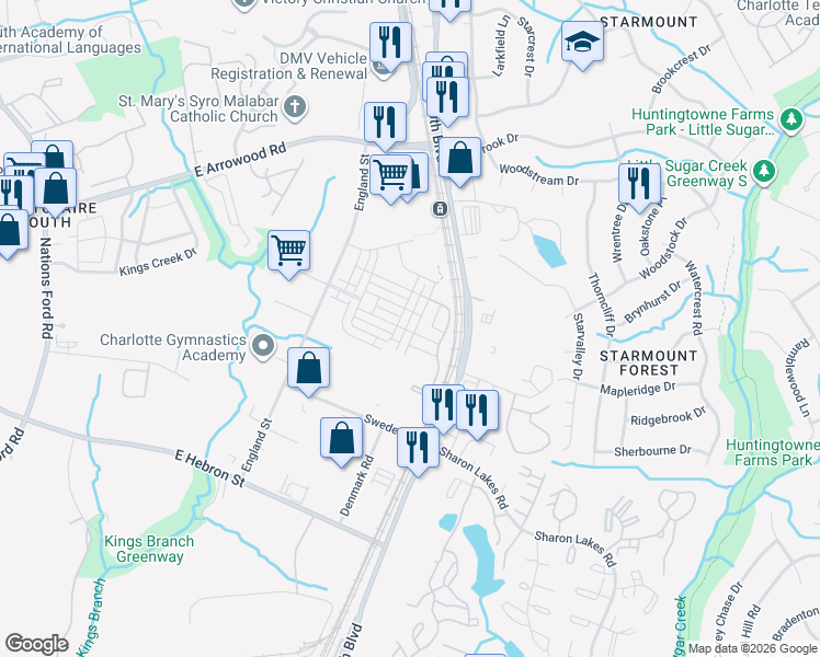 map of restaurants, bars, coffee shops, grocery stores, and more near 7902 Denmark Road in Charlotte