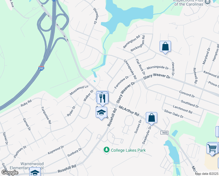 map of restaurants, bars, coffee shops, grocery stores, and more near 557 Waterbury Drive in Fayetteville