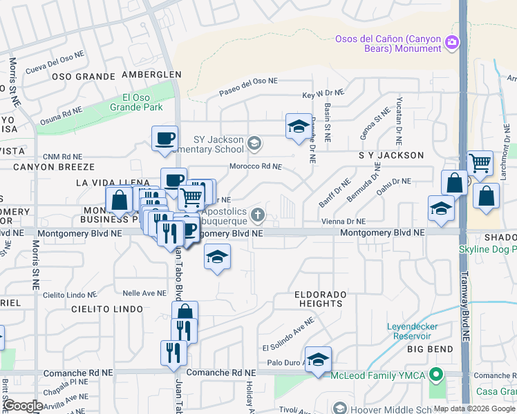 map of restaurants, bars, coffee shops, grocery stores, and more near 11435 Montgomery Boulevard Northeast in Albuquerque
