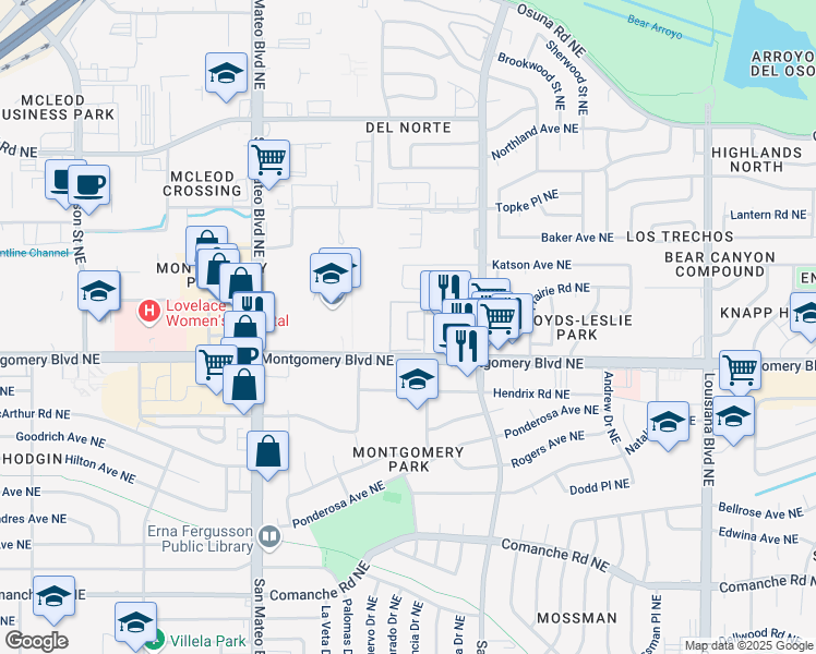 map of restaurants, bars, coffee shops, grocery stores, and more near 5327 Montgomery Boulevard Northeast in Albuquerque