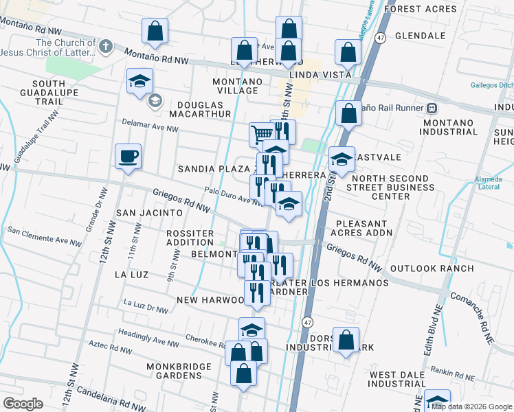 map of restaurants, bars, coffee shops, grocery stores, and more near 4701 4th Street Northwest in Albuquerque
