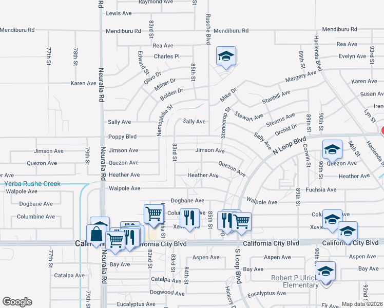 map of restaurants, bars, coffee shops, grocery stores, and more near 8412 Jimson Avenue in California City