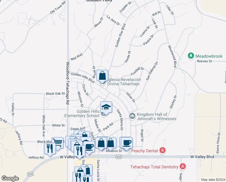 map of restaurants, bars, coffee shops, grocery stores, and more near 21465 Foothill Drive in Tehachapi