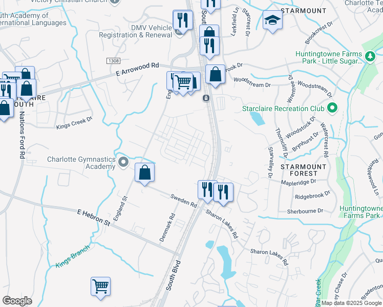 map of restaurants, bars, coffee shops, grocery stores, and more near 7902 Denmark Road in Charlotte