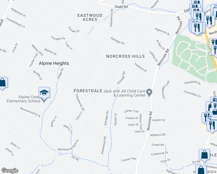 map of restaurants, bars, coffee shops, grocery stores, and more near 4715 Eldridge Road in Chattanooga