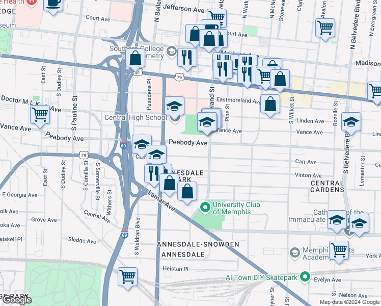 map of restaurants, bars, coffee shops, grocery stores, and more near 1317 Carr Avenue in Memphis