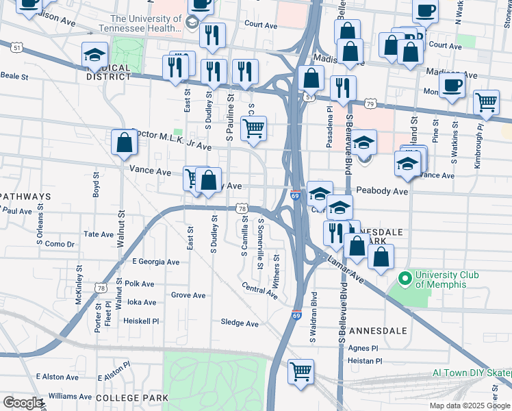 map of restaurants, bars, coffee shops, grocery stores, and more near 1056 East E H Crump Boulevard in Memphis