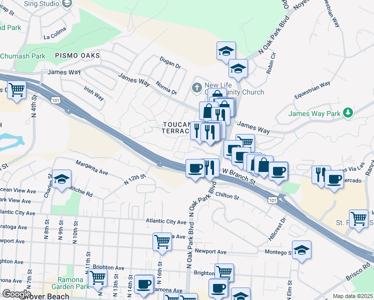 map of restaurants, bars, coffee shops, grocery stores, and more near 137 Village Circle in Pismo Beach