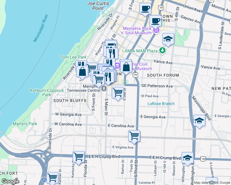 map of restaurants, bars, coffee shops, grocery stores, and more near 138 St Paul Ave in Memphis