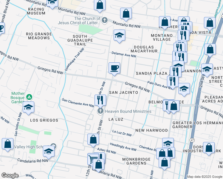 map of restaurants, bars, coffee shops, grocery stores, and more near 4622 12th Street Northwest in Albuquerque