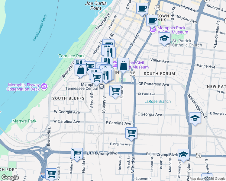 map of restaurants, bars, coffee shops, grocery stores, and more near 120 Saint Paul Avenue in Memphis